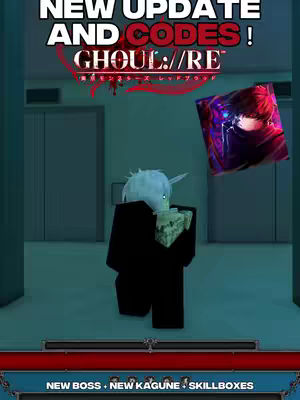 The cover image features a Roblox scene with a character in the foreground and text overlays indicating an update for Ghoul://RE. The background shows teal walls and doors. The foreground includes a white-haired character and a floating image of a character with red hair. There are also in-game UI elements at the bottom, a red bar, and text stating game updates.