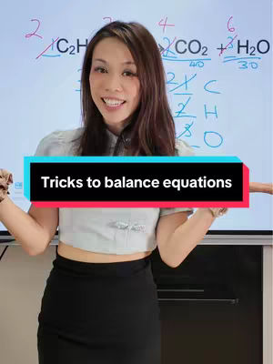 A woman stands in front of a whiteboard with chemistry equations, holding her arms out welcomingly. A text overlay states tricks to balance equations, and the woman is smiling.