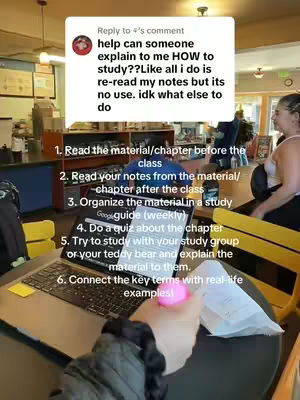 An indoor shot showing a person's hands on a laptop keyboard and a piece of paper. A comment and a list of study tips are overlaid, along with another person in the background. A pink object is held by the person's hand.