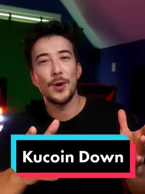 The cover image features a man in a black shirt gesturing with his hands. Overlayed at the bottom is a rectangular banner in blue and red, with the white text "Kucoin Down". The background appears to be an interior, possibly a home office or bedroom, with a green screen and some blue walls visible.