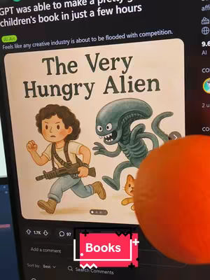 The cover image is a screenshot of a post on a social media platform. The main focus is an illustration of a book cover titled 'The Very Hungry Alien.' The illustration depicts a child with an assault rifle running from an alien. The alien has a menacing expression. The child is wearing typical casual clothes. Above the book cover illustration is some text overlayed on top of the main image in standard font. The image is captured on a phone screen, with some UI elements visible. The background reflects the platform's interface, showing comment sections and a 'Books' tag at the bottom.