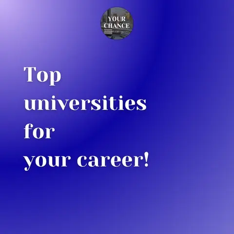 The cover image features a gradient blue background. At the top, a circular logo with a blurred cityscape is present. Large white text overlays the image stating 'Top universities for your career!'