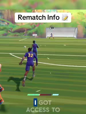 The cover image shows a soccer field with players in motion. Two players in purple uniforms are running towards the goal. A text overlay reads 'Rematch Info'. The colors are vibrant with a green field and a bright sky.