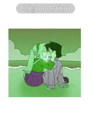 An anime-style illustration depicts a romantic moment between two characters on what looks like a beach setting, with a pastel green color overlaying the entire scene. The characters are in a close embrace, with one appearing to gently touch the other's face near the lips. The background consists of a simple horizon line and soft, cloud-like shapes in the distance. The scene is rendered with simplified shapes and outlines.