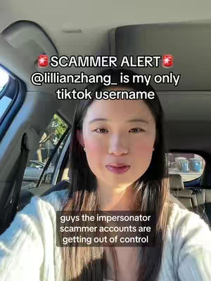 A woman sits inside a car, looking at the camera with a neutral expression. Above her is a text overlay that warns of scammers impersonating her. The background shows car interior details and a glimpse of the outside.
