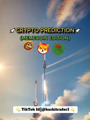 The image shows a blue sky with white clouds and two rockets launching. Above the rockets are three circular images of crypto-related mascots, with text overlays. At the bottom is a white rectangle indicating a TikTok ID handle.