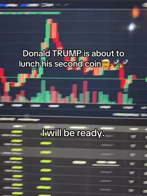 The image is a screen capture from a financial platform, showing a chart with red and green candlesticks on the top, with text overlays. Below this, a display of numerical data is visible in a grid. The background is dark, emphasizing the data displayed, with overlaid text in white font. The text overlays contain a message related to Donald Trump and a statement that reads \"I will be ready.\"
