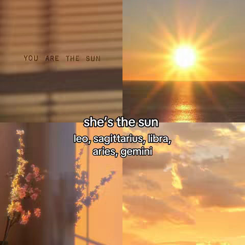 A square collage with four sections. Top left shows a window with blinds and text that says 'YOU ARE THE SUN'. Top right shows a bright sun over an ocean. Bottom left shows flowers. Bottom right shows a sunset with clouds. Overlay text says 'she's the sun... Leo, Sagittarius, Libra, Aries, Gemini'.