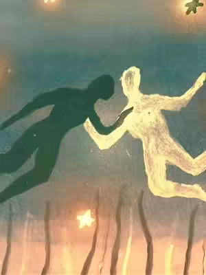 An artistic, stylized image featuring two human figures in an ethereal setting. One figure is a dark silhouette, while the other is rendered in glowing white. They appear to be reaching toward each other with outstretched arms. The background blends shades of blue and teal, with a few scattered stars and vertical strokes suggesting grass or lines. The overall composition evokes themes of connection and spirituality.