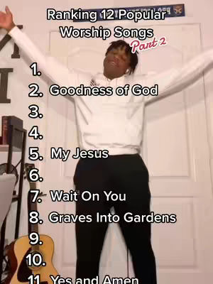 A person stands in front of a white door with their arms outstretched. Text overlaid indicates a ranking of worship songs.
