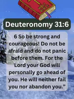 The image is a vertical graphic with a winter scene background featuring a Bible in the upper left corner, an informational box containing text in the center, and a snowy landscape. The Bible is red with gold lettering and a cross, conveying religious themes. The text on the box is a quote from Deuteronomy 31:6. The overall composition is balanced, aiming for clarity and a touch of reverence.