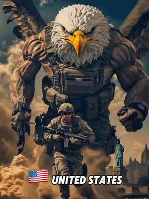 A digitally created image features a soldier in tactical gear holding a rifle in front of a giant humanoid eagle. The eagle-like figure, rendered with a muscular build, wears a military vest and has a large, stern face. A blurred cityscape and the Statue of Liberty can be seen in the distant background. Below, there is text that reads "UNITED STATES" with the American flag next to it. The image gives a patriotic and heroic feel.