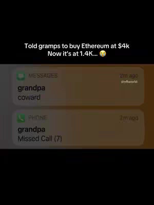 The image is a screenshot of a mobile phone's messages and call logs. At the top, overlaid text says, "Told gramps to buy Ethereum at $4k, Now it's at 1.4K..." Below this are two notifications, one from the Messages app with the text "grandpa" and "coward", and another from the Phone app stating "grandpa", with "Missed Call (7)." The background has a muted yellow gradient, with the time stamps of the messages subtly present.
