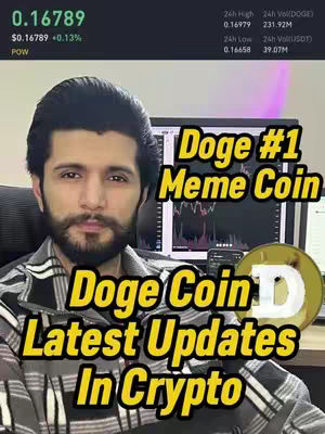 The cover image features a man in a checkered shirt in front of a computer screen. Overlaying text in a yellow and black design announces latest updates about Doge Coin. Additional elements like cryptocurrency data charts and the Doge coin logo on a side screen are also visible in the background.