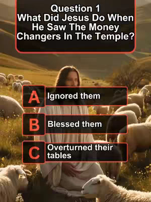 The image shows a quiz question with Jesus in a field of sheep. Text elements include the question and answer options.