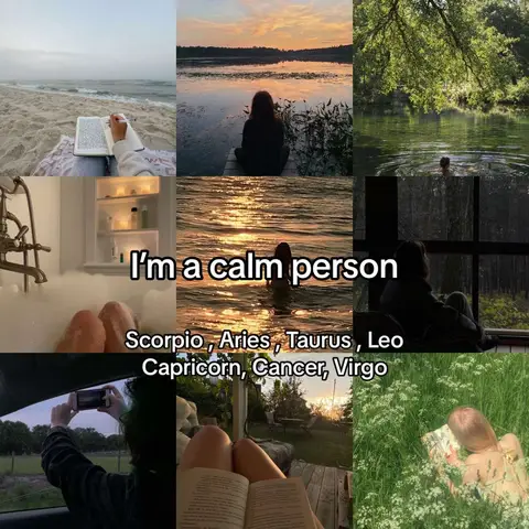 A collage-style image featuring various scenes: a person reading on a beach, a figure sitting by a lake, a view of a pond through trees, a person in a bubble bath, a woman in the water, a person sitting by a window, a hand holding a phone, and a person reading in a field, with text overlays labeling the zodiac signs.