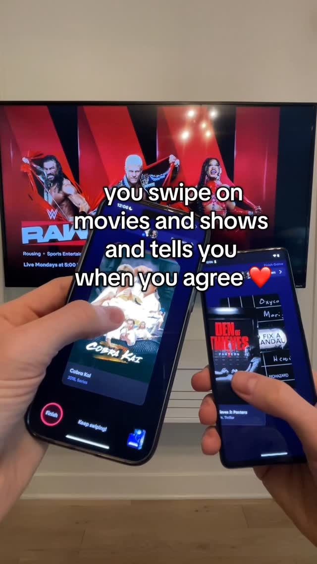 The cover image shows a person holding two smartphones displaying different apps while a television, showing a wrestling match, is in the background. The overlayed text encourages viewers to try something with their partners. The phones display apps like 'Cobra Kai' and other content options. The overall composition has a modern feel due to the technology and entertainment setting.