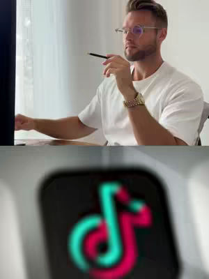 A man in glasses is seated, appearing to be working at a computer. Above him, a blurred-out TikTok logo is visible. The composition is split, a top view of the man and a bottom view of the logo.