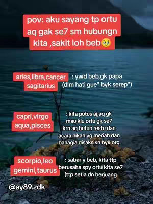 The cover image features a text-based graphic. The background appears to be a blurry, natural scene, possibly water and foliage. Overlaid on this is a series of red rectangular blocks containing text, formatted like a series of statements with astrological signs. The text discusses relationship issues.