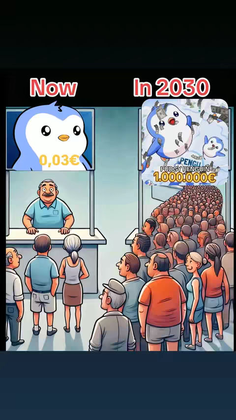A split image depicting a cartoon penguin at a ticket booth. On the left ('Now') the penguin is shown with a price tag of '0,03€' and a man looking at the booth. On the right ('In 2030') the penguin is surrounded by money and a large crowd of people, and the price tag displays '1.000.000€'.