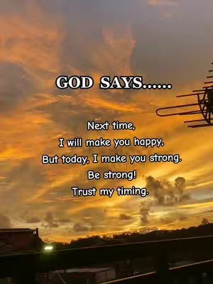 A vibrant sunset sky serves as the backdrop to the image, with shades of orange, yellow, and pink dominating the horizon. Silhouetted against the bright sky are the shapes of bare tree branches and a few architectural elements, such as an antenna. Overlaid on this scene is text in a white, casual font, presenting a message about trusting God’s timing, and an additional hook text above. The overall composition is designed to inspire and encourage.