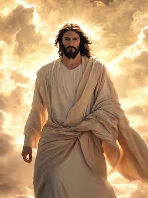 The image shows a depiction of Jesus Christ, presented with a heavenly backdrop of clouds and light. He is central to the composition, wearing a light-colored robe. His long, dark hair and beard are prominent, and his gaze is directed forward. The background is a gradient of warm colors, enhancing the divine atmosphere and illuminating Christ with a halo-like effect, suggesting a scene of reverence and spirituality.