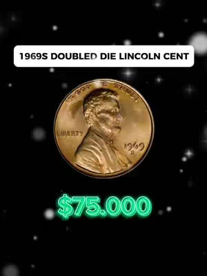 The image shows a close-up of a gold-colored coin with the profile of a person, likely Abraham Lincoln, on it. Above the coin is a white rectangular text box that reads, "1969S DOUBLED DIE LINCOLN CENT." Below the coin a neon green text reads "$75.000." The background is black with a light sparkle effect.