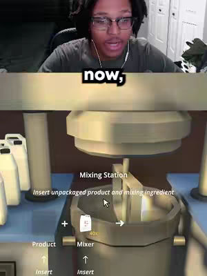 The cover image shows the creator in the top third, looking towards the camera, with a video game in the lower part. The game shows a mixing station with different options: 'Insert unpackaged product and mixing ingredient,' with a plus sign and an 'Insert' button underneath. The top part of the image has the hook 'now,'.