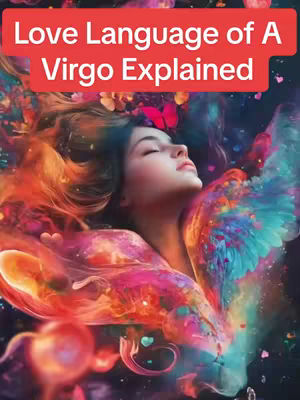 A digital artwork depicts a woman with flowing hair, eyes closed in a peaceful expression, against a vibrant, abstract background. The background is a burst of colorful swirls and shapes, with hues of red, pink, blue, and purple, creating a dreamy and ethereal atmosphere. Text overlayed at the top states: 'Love Language of A Virgo Explained' in a contrasting white font.