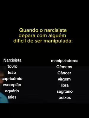 The cover image features a dark background with text in yellow font, listing zodiac signs. On the left side, the text indicates 'Narcisista' alongside Taurus, Leo, Capricorn, Scorpio, Aquarius, and Aries. On the right side, 'manipuladores' is paired with Gemini, Cancer, Virgo, Libra, Sagittarius, and Pisces.