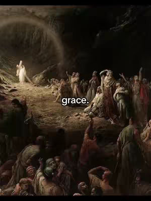 An artistic rendering depicts a religious scene with a central figure emanating light on a slightly elevated area, surrounded by a crowd of people. The background is dark and cave-like, with light radiating from behind the central figure. The text overlay in the image is 'grace.'