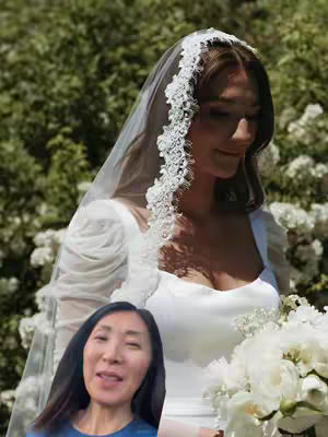 The cover image shows a woman in a wedding dress and veil, with a small inset of another woman speaking. The background features green foliage and white flowers, implying an outdoor setting.