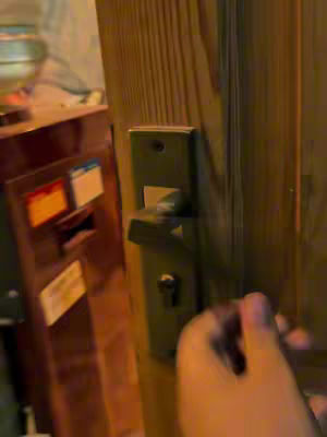 A close-up shot focuses on a wooden door and a hand about to open it. The door has a dark, metallic handle plate and a lever handle. The area is dimly lit.