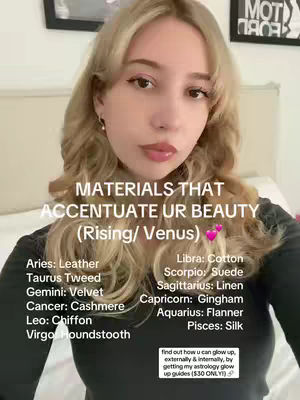 A young woman with blonde hair is centered in the frame, posing for the camera. Text overlays detail astrology signs and related details. A simple background setting.
