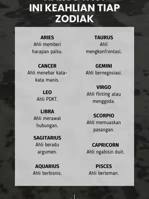 An infographic with a dark background features a grid of rectangles, each listing a zodiac sign and a corresponding "skill." The layout is simple and text-focused, using a clean, sans-serif font. There are twelve signs and their traits in a table-like structure.