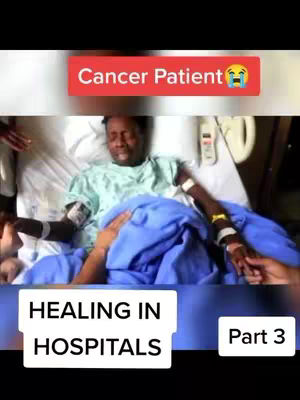 The image shows a person lying in a hospital bed with medical equipment attached. Text overlays indicate the setup represents a 'Cancer Patient' and describes the scene as 'Healing in Hospitals' with a 'Part 3' marker.