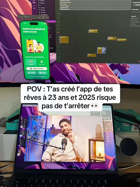 The cover image shows a man sitting in front of a laptop, a phone, and a monitor. The laptop displays a video of the man. The phone to the left has a green case and shows a screenshot of an app related to cooking. The top screen displays a dark interface with many small boxes. The background is an office setting.