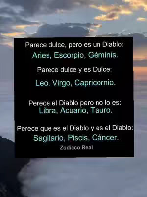 The image features a dark rectangle with text over a blurred sunset backdrop. The text is organized into categories with astrological signs listed below. The font is white, and the text is centered within the black rectangle.