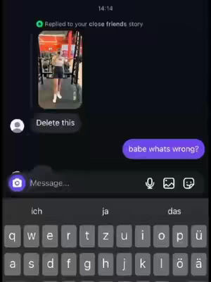 A smartphone screen showing a text message exchange and a preview of a story response. The screen is dark with light-colored text bubbles. A photo of a person in a gym environment is displayed as part of a story reply. The lower part of the screen shows a keyboard with letters.