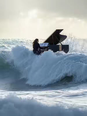 A dramatic AI-generated image features a black grand piano floating upon a large, crashing ocean wave. A person with long dark hair is seated at the piano, silhouetted against a bright, cloudy sky. The water is a churning mix of white foam and shades of blue and gray, with the piano and pianist at the center. The overall effect is surreal and evocative.