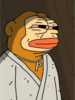 An animated image of a monkey-like character with a Pepe the Frog-esque design. The character is depicted with brown fur, large lips, red eyes, and wearing a white robe with a 'P' pendant necklace. The background is a muted brown.
