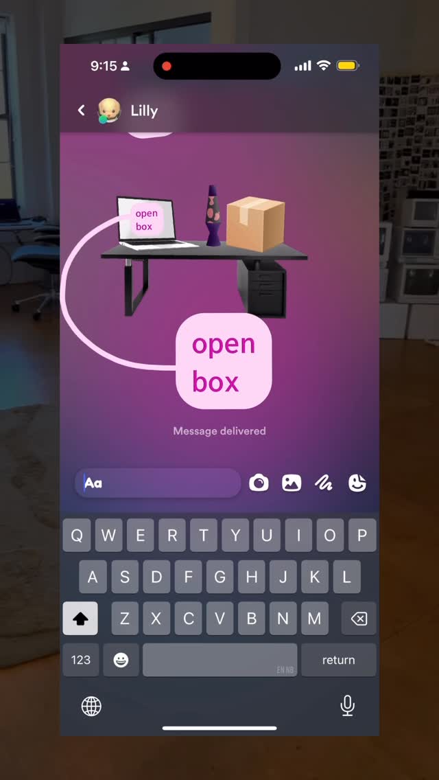The cover image depicts a smartphone screen displaying a messaging app interface. The background is a gradient of purple, with a desk, a laptop, a box, and a lava lamp. The message Bubbles show the text "open box."