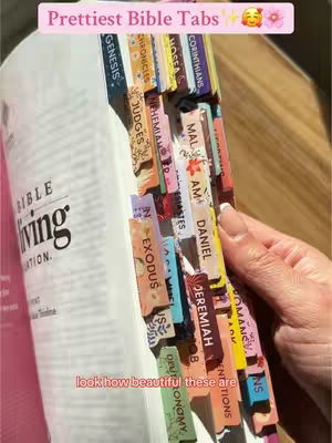The cover image shows a close-up view of a Bible with floral-decorated tabs, held by a person's hand. The tabs are labeled with book names and the text "Prettiest Bible Tabs" is placed at the top.
