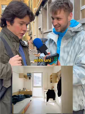 The image shows two young men in an outdoor setting, one holding a microphone towards the other, who is looking at a phone. In the bottom half, a room interior is displayed, showing student accommodation. The overlaying hook text 'with uni' is present, indicating the video's theme.