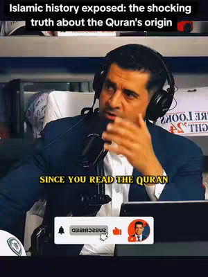The image shows a man with short dark hair wearing a suit and black headphones, speaking into a microphone. The background is blurred, but appears to be a studio setting. Overlayed text indicates the video's focus on the Quran.