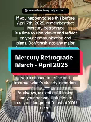 A social media post featuring a woman speaking in front a patterned background, with overlaid text about Mercury retrograde. Text appears in a rectangular color block with a black border. The woman is visible from the chest up, with her arms raised and hands open to the sides. She is wearing a patterned sweater and the background is a green wall with a painting visible on the upper right.