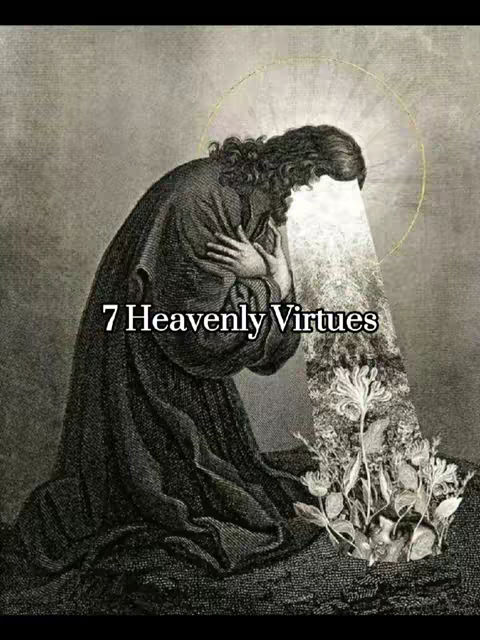 A black and white image depicting a person in an old-fashioned robe, kneeling with their arms crossed over their chest. A bright light shines down from above, illuminating the person and a collection of growing flowers and plants. Text overlayed on the image reads '7 Heavenly Virtues'.