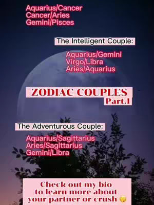 An image featuring a dark blue gradient background upon which multiple text boxes are superimposed. The central element is a large, blurred, white, semi-circular shape resembling a moon. The text, in a bright pink font, lists astrological zodiac pairings. At the bottom is a pink text box with a call-to-action.