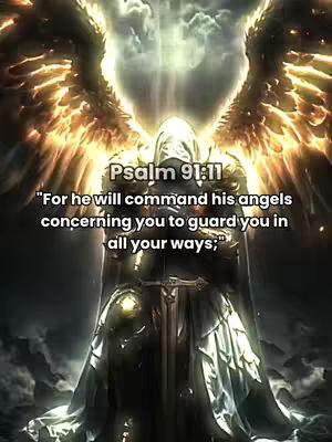 A digital artwork featuring a hooded figure with a sword, beneath glowing, golden wings. The background has ethereal clouds and a bright light source, and the text overlay quotes a bible verse.