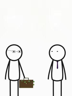 A cartoon illustration on a white background depicts two stick figures. One stick figure, wearing square glasses and holding a brown briefcase overflowing with green dollar bills, stands facing another stick figure wearing a purple tie. The briefcase and money suggest a financial transaction or illicit activity.